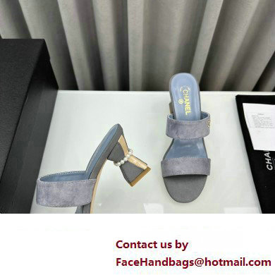 Chanel Kid Suede  &  Imitation Pearls Mules G45685 Gray 2024